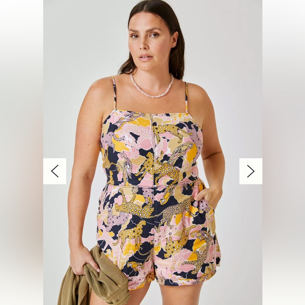 Sz 14P Maeve Anthropologie Tie-Back Mini Romper print parrot cheetah linen blend